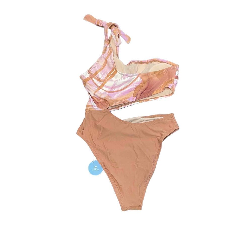 Cupshe Womens Medium Pink Tan One-Shoulder Cut-Out Patterned Swimsuit Size M
